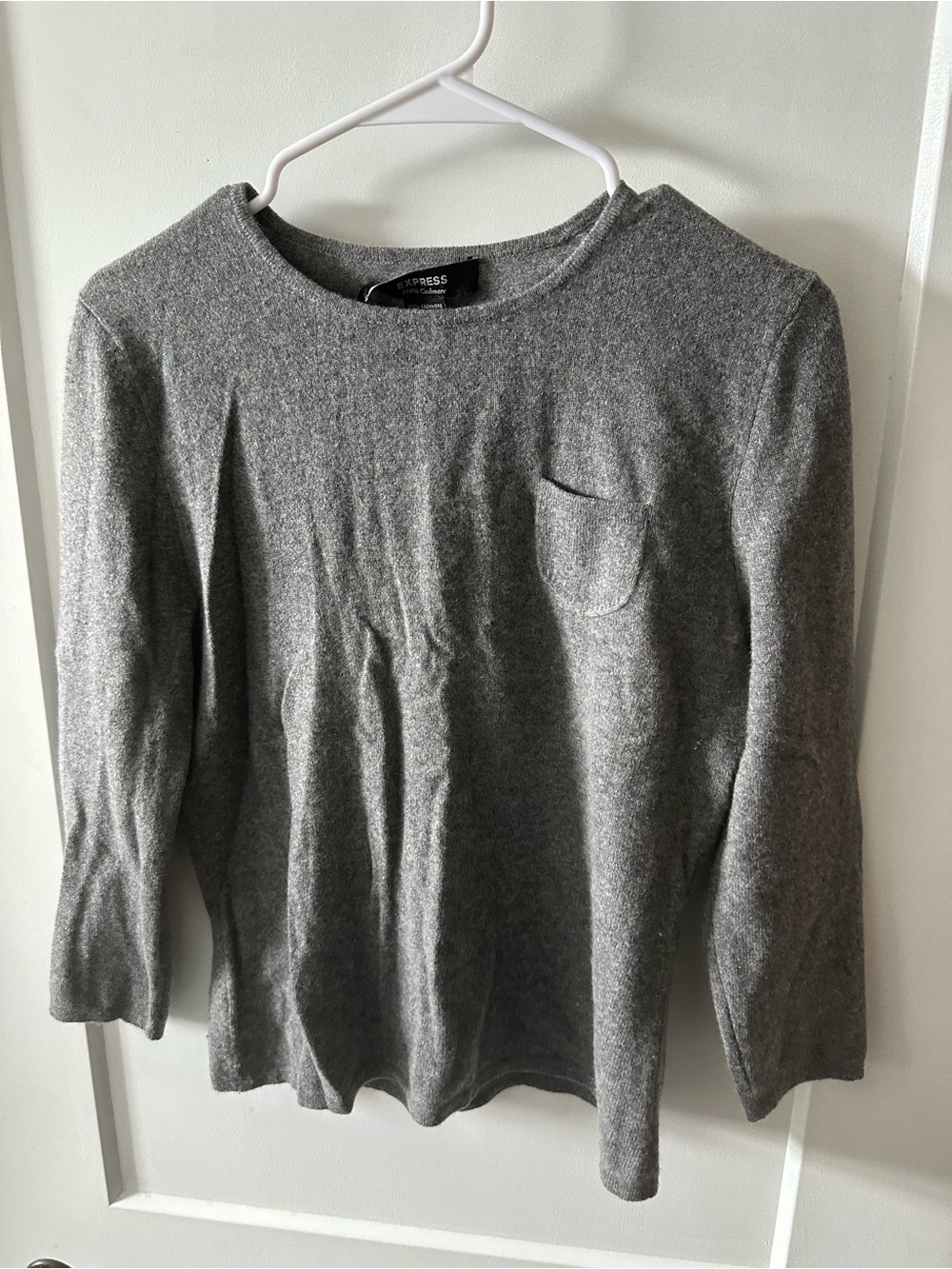 Express Gray Cashmere Crewneck Sweater with Small Chest Patch Pocket
